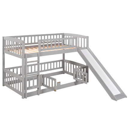 AS25- Bunk Bed with Slide; Twin Over Twin Low Bunk Bed with Fence and Ladder for Toddler Kids Teens - Likeshoppe 