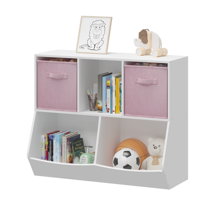 AT9- Kids Bookcase with Collapsible Fabric Drawers, Children's Toy Storage Cabinet for Playroom, Bedroom, Nursery, School, White/Pink - Likeshoppe 