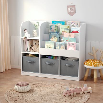 AT1- Kids Bookcase and Bookshelf, Multifunctional Bookcase with 3 Collapsible Fabric Drawers, Bookcase Display Stand, Toy Storage Organizer for Bedroom, Playroom, Hallway (White/Gray) - Likeshoppe 