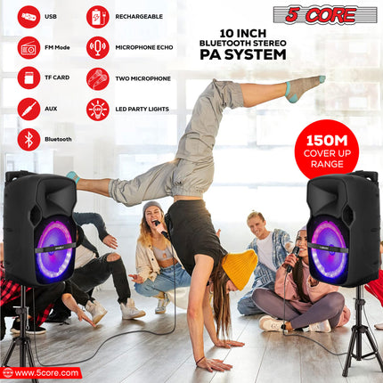 CC10- 5 Core DJ speakers 10" Rechargeable Powered PA system 400W Loud Speaker Bluetooth USB SD Card AUX MP3 FM LED Ring - ACTIVE HOME 10 2-MIC - Likeshoppe 