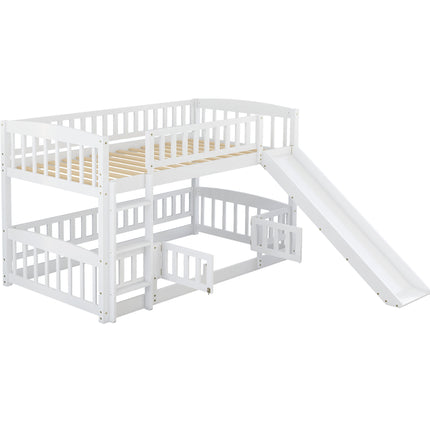 AS25- Bunk Bed with Slide; Twin Over Twin Low Bunk Bed with Fence and Ladder for Toddler Kids Teens - Likeshoppe 