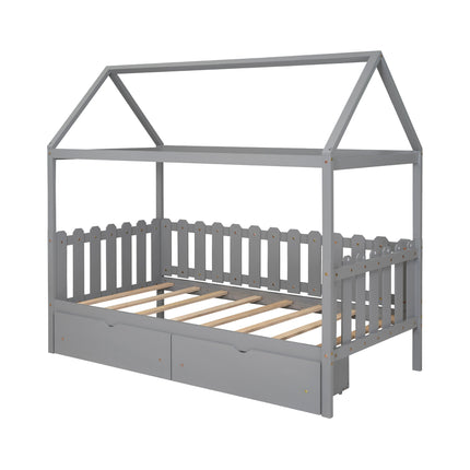 AS36- Twin Size House Bed with drawers, Fence-shaped Guardrail - Likeshoppe 