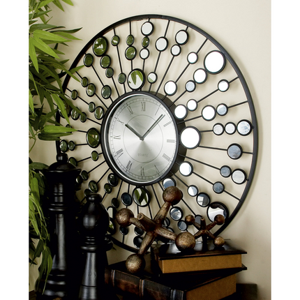 CG7- DecMode 26" Black Metal Starburst Radial Wall Clock with Mirrored Accents - Likeshoppe 