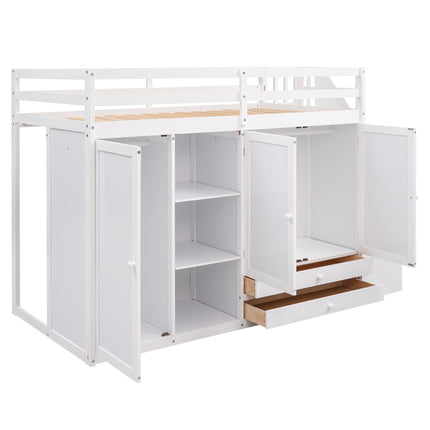 AS26- Functional Loft Bed with 3 Shelves;  2 Wardrobes and 2 Drawers;  Ladder with Storage;  No Box Spring Needed - Likeshoppe 