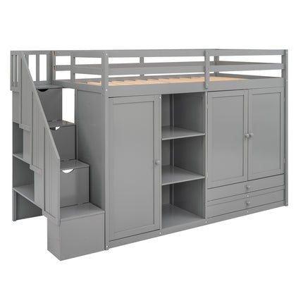 AS26- Functional Loft Bed with 3 Shelves;  2 Wardrobes and 2 Drawers;  Ladder with Storage;  No Box Spring Needed - Likeshoppe 