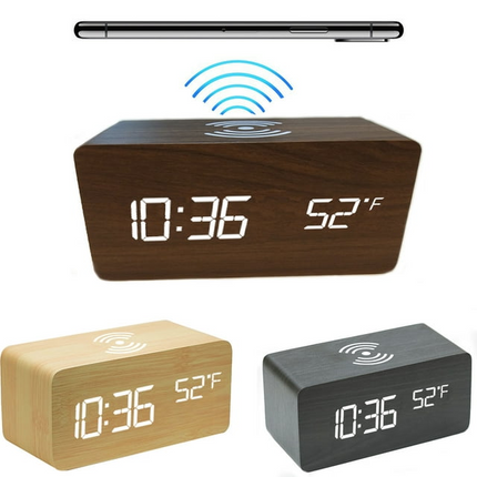 CH14- Zunammy Wooden Digital LED Alarm Clock with Wireless Charger Qi Pad - Wooden - Likeshoppe 