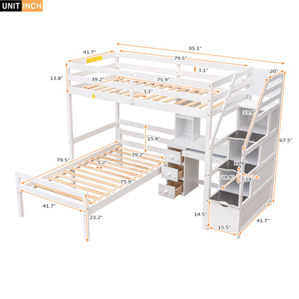 AS4- Twin Size Loft Bed with a Stand-alone Bed;  Storage Staircase;  Desk;  Shelves and Drawers - Likeshoppe 