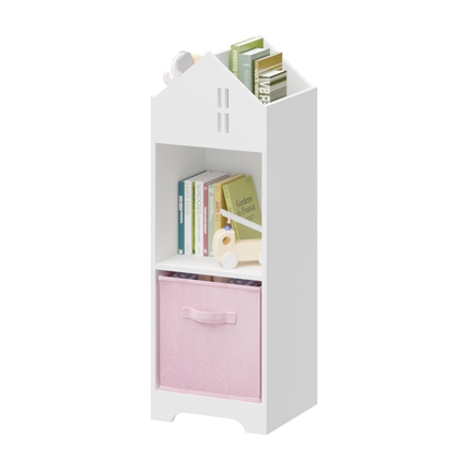 AT7- Kids Dollhouse Bookcase with Storage, 2-Tier Storage Display Organizer, Toddler Bookshelf with Collapsible Fabric Drawers for Bedroom or Playroom (White/Pink) - Likeshoppe 