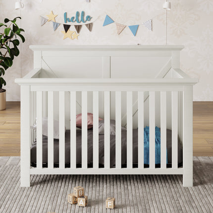 AO1- Rustic Farmhouse Style Whitewash 4-in-1 Convertible Baby Crib - Converts to Toddler Bed, Daybed and Full-Size Bed, White - Likeshoppe 