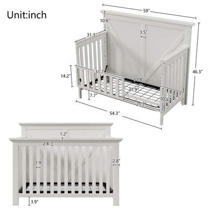 AO1- Rustic Farmhouse Style Whitewash 4-in-1 Convertible Baby Crib - Converts to Toddler Bed, Daybed and Full-Size Bed, White - Likeshoppe 