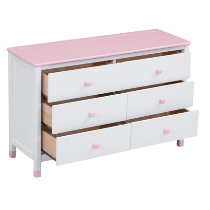 AU8- Wooden Storage Dresser with 6 Drawers,Storage Cabinet for kids Bedroom,White+Pink - Likeshoppe 