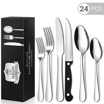 BP11- 24 Piece Flatware Set for 4, TINANA Stainless Steel Flatware Set, Mirror Polished Cutlery Utensil Set, Durable Home Kitchen Eating Tableware Set, Fork Knife Spoon Set,Dishwasher Safe-Silver - Likeshoppe 