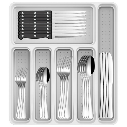 BP17- 49-Piece Silverware Set with Flatware Drawer Organizer, Durable Stainless Steel Cutlery Set for 8, Mirror Polished Kitchen Utensils Tableware Service with Steak Knives Dinner Fork Knife Spoon & Tray - Likeshoppe 