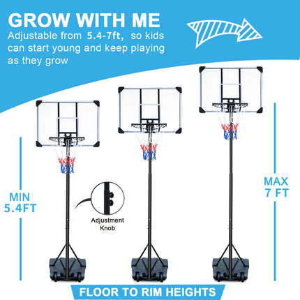 BG8- Portable Basketball Hoop Stand w/Wheels for Kids Youth Adjustable Height 5.4ft - 7ft Use for Indoor Outdoor Basketball Goals Play Set - Likeshoppe 