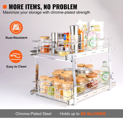 CJ2- 2 Tier 13"W x 21"D Pull Out Cabinet Organizer, Heavy Duty Slide Out Pantry Shelves, Chrome-Plated Steel Roll Out Drawers, Sliding Drawer Storage for Inside Kitchen Cabinet, Bathroom, Under Sink - Likeshoppe 