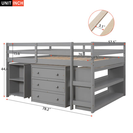 AS1- Low Study Full Loft Bed with Cabinet ; Shelves and Rolling Portable Desk ; Multiple Functions Bed - Likeshoppe 