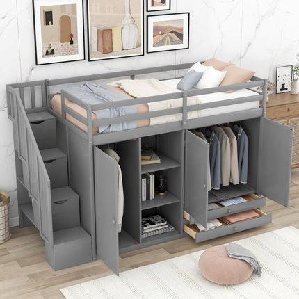 AS26- Functional Loft Bed with 3 Shelves;  2 Wardrobes and 2 Drawers;  Ladder with Storage;  No Box Spring Needed - Likeshoppe 