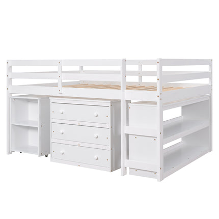 AS1- Low Study Full Loft Bed with Cabinet ; Shelves and Rolling Portable Desk ; Multiple Functions Bed - Likeshoppe 