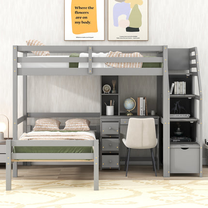 AS4- Twin Size Loft Bed with a Stand-alone Bed;  Storage Staircase;  Desk;  Shelves and Drawers - Likeshoppe 