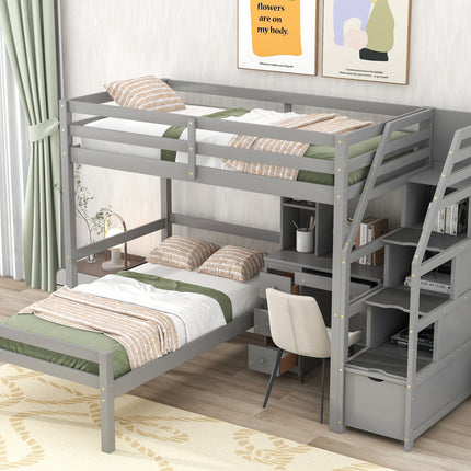 AS4- Twin Size Loft Bed with a Stand-alone Bed;  Storage Staircase;  Desk;  Shelves and Drawers - Likeshoppe 