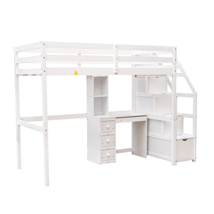 AS4- Twin Size Loft Bed with a Stand-alone Bed;  Storage Staircase;  Desk;  Shelves and Drawers - Likeshoppe 