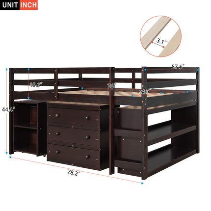 AS1- Low Study Full Loft Bed with Cabinet ; Shelves and Rolling Portable Desk ; Multiple Functions Bed - Likeshoppe 