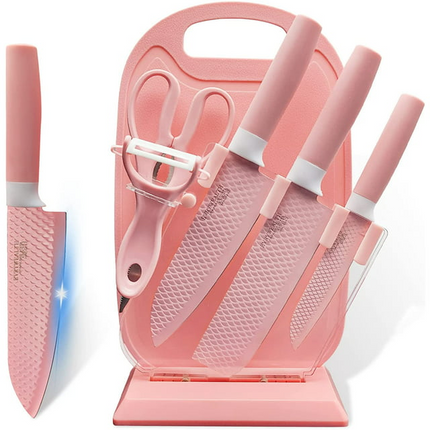 BV3- Kitchen Knife Set, Caliamary Fish Scales Non-stick Chef Knife Set with Cutting Board and Acrylic Stand, Stainless Steel Sharp Cooking Knives with Gift Box (Pink) - Likeshoppe 