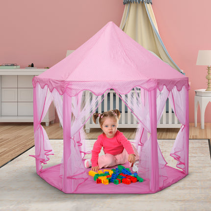 BE6-53"H Princess Castle Play Tent House with LED Star Lights for Kids, Indoor and Outdoor, Pink - Likeshoppe 