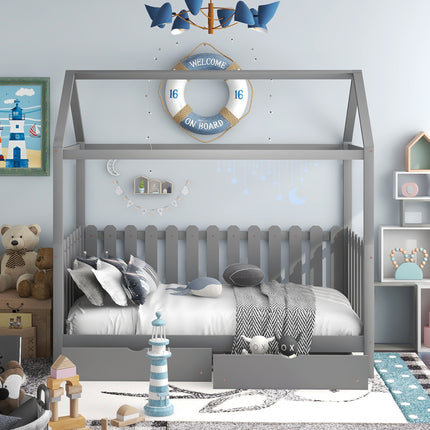 AS36- Twin Size House Bed with drawers, Fence-shaped Guardrail - Likeshoppe 