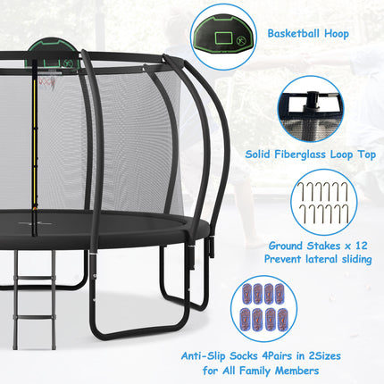 BA14- 15FT Trampoline for Kids with Upgraded ArcPole and Composite TopLoop for Safety Enclosure, Plus Basketball Board and 12 Ground Stakes, Outdoor Recreational Playset Balance Physical Training Trampoline - Likeshoppe 