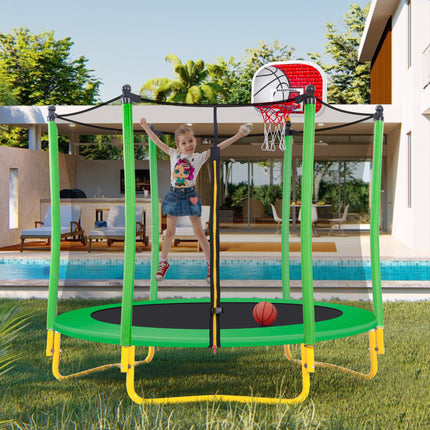 BA43- 5.5FT Trampoline for Kids - 65" Outdoor & Indoor Mini Toddler Trampoline with Enclosure, Basketball Hoop and Ball Included - Likeshoppe 