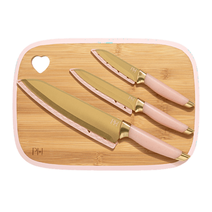 BV2- Paris Hilton 7-Piece Reversible Bamboo Heart Cutting Board and Stainless Steel Cutlery Set, Pink - Likeshoppe 