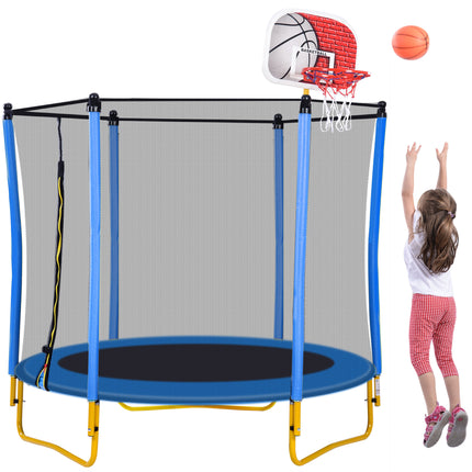 BA16- 5.5FT Trampoline for Kids - 65" Outdoor & Indoor Mini Toddler Trampoline with Enclosure, Basketball Hoop and Ball Included - Likeshoppe 