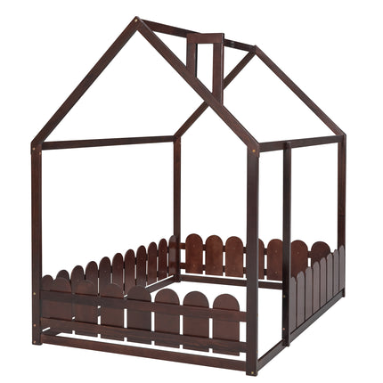 AS21- (Slats are not included) Full Size Wood Bed House Bed Frame with Fence;  for Kids;  Teens;  Girls;  Boys - Likeshoppe 