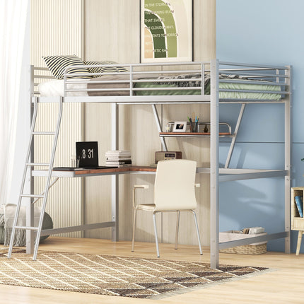 AS12- Full Size Loft Metal&MDF Bed with Desk and Shelf, - Likeshoppe 