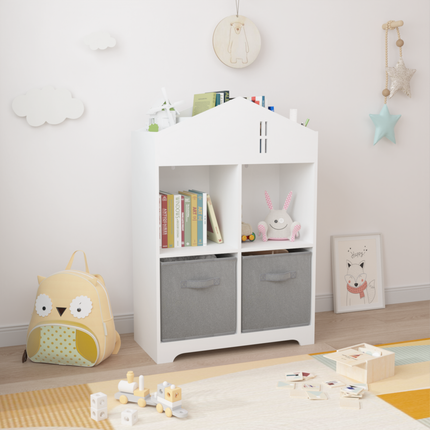 AT5- Kids Dollhouse Bookcase with Storage, 2-Tier Storage Display Organizer, Toddler Bookshelf with 2 Collapsible Fabric Drawers for Bedroom or Playroom (White/Gray) - Likeshoppe 