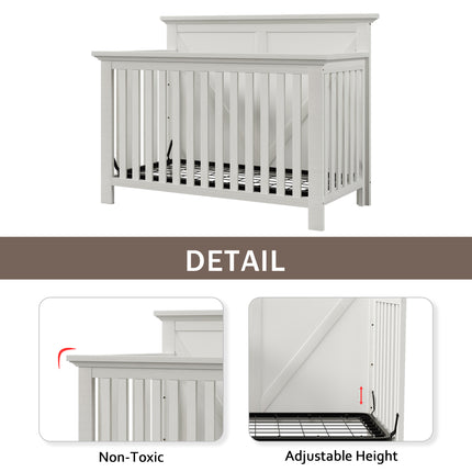 AO1- Rustic Farmhouse Style Whitewash 4-in-1 Convertible Baby Crib - Converts to Toddler Bed, Daybed and Full-Size Bed, White - Likeshoppe 