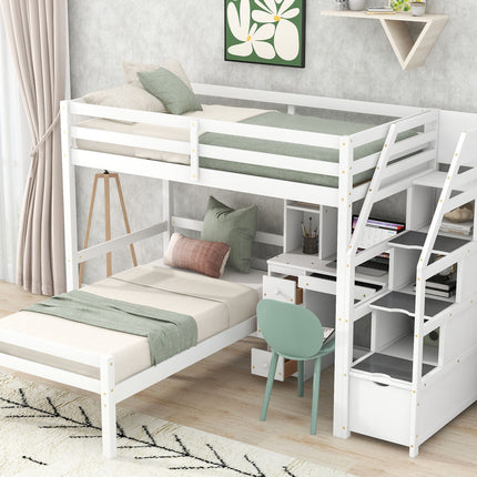 AS4- Twin Size Loft Bed with a Stand-alone Bed;  Storage Staircase;  Desk;  Shelves and Drawers - Likeshoppe 