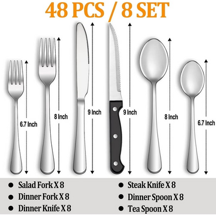 BP7- 48 Pcs Silverware Set with Steak Knives Service for 8,Stainless Steel Flatware Set,Mirror Polished Cutlery Utensil Set,Home Kitchen Eating Tableware Set,Include Fork Knife Spoon Set,Dishwasher Safe - Likeshoppe 