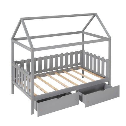 AS36- Twin Size House Bed with drawers, Fence-shaped Guardrail - Likeshoppe 