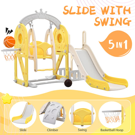 BB18- Toddler Slide and Swing Set 5 in 1, Kids Playground Climber Slide Playset with Basketball Hoop Freestanding Combination for Babies Indoor & Outdoor - Likeshoppe 