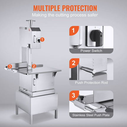 BS3- Commercial Electric Meat Bandsaw, 2200W Stainless Steel Vertical Bone Sawing Machine, Workbeach 24.4" x 20.5", 0.16-8.7 Inch Cutting Thickness, Frozen Meat Cutter with 6 Blades for Rib Pork Beef - Likeshoppe 