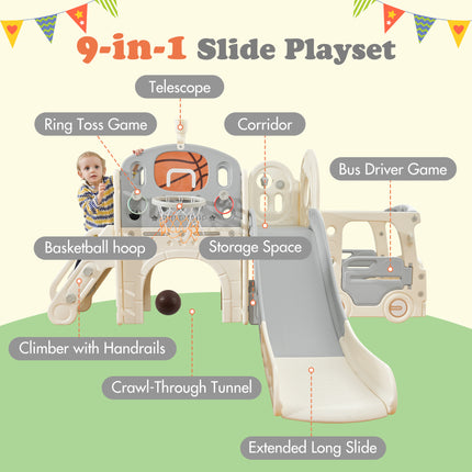 BB13- Kids Slide Playset Structure 9 in 1, Freestanding Castle Climbing Crawling Playhouse with Slide, Arch Tunnel, Ring Toss, Realistic Bus Model and Basketball Hoop, Toy Storage Organizer for Toddlers - Likeshoppe 