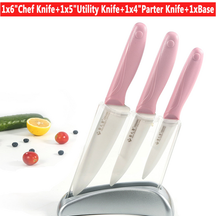 BN2- Maxfavor Pink 3pcs Ceramic Kitchen Knife Set Slicing Utility Paring 4" 5" 6" Knives Blade + Base - Likeshoppe 