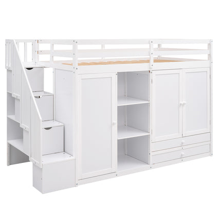 AS26- Functional Loft Bed with 3 Shelves;  2 Wardrobes and 2 Drawers;  Ladder with Storage;  No Box Spring Needed - Likeshoppe 