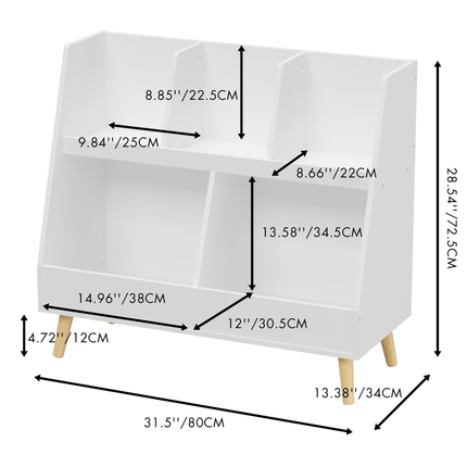 AT2- Kids Bookshelf and Toy Organizer, 5 Cubbies Wooden Open Bookcase, 2-Tier Baby Storage Display Organizer with Legs, Free Standing for Playing Room, Bedroom, Nursery, Classroom, White - Likeshoppe 