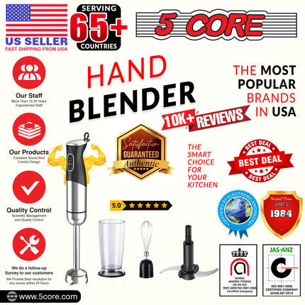 BQ5- 5 Core Handheld Blender 3 IN 1, Electric Hand Held Blenders 500W| Immersion 800ml Beaker & Whisk| 9 Speed Heavy Duty Stick, Stainless Steel Blades for Smoothies Puree Baby Food and Soups- HB1516 - Likeshoppe 