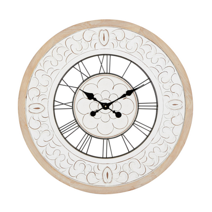 CG5- DecMode 32" White Wood Floral Carved Wall Clock - Likeshoppe 