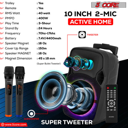 CC10- 5 Core DJ speakers 10" Rechargeable Powered PA system 400W Loud Speaker Bluetooth USB SD Card AUX MP3 FM LED Ring - ACTIVE HOME 10 2-MIC - Likeshoppe 