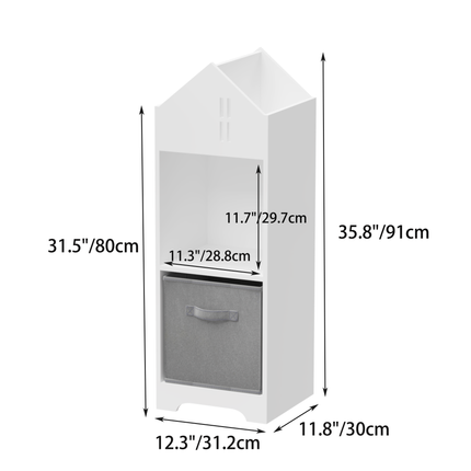 AT6- Kids Dollhouse Bookcase with Storage, 2-Tier Storage Display Organizer, Toddler Bookshelf with Collapsible Fabric Drawers for Bedroom or Playroom (White/Gray) - Likeshoppe 